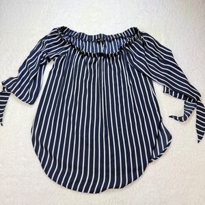 Just‎ Quella shirt womens 8 Off Shoulder Top Striped Sleeve Blouse Blue White